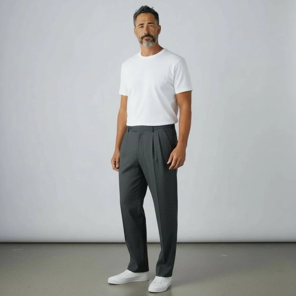 New VTG Lands End Men's 42 L Charcoal Heather Wool Dress Pants Pleated Unhemmed